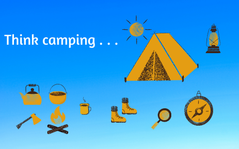 Camping banner shwing typical camping artifiacts - tent, kettle, axe, boots compass, and so on.