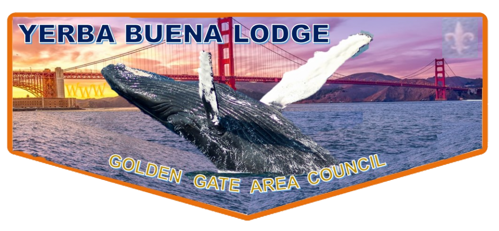 Yerba Buena OA Lodge pocket flpa showing a whale breaching with the Golden Gate bridge as a background.