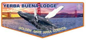 Yerba Buena OA Lodge pocket flpa showing a whale breaching with the Golden Gate bridge as a background.