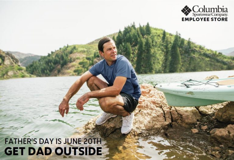 Father's Day promo for Columbia Sportswear showing man crouching on a rock on the shoreline of a lake.