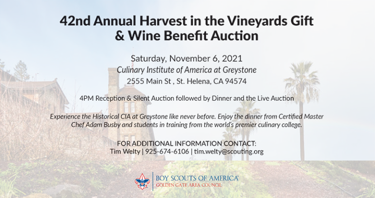 Harvest in the Vineyard promotional graphic with building in background and informational text in the foreground.