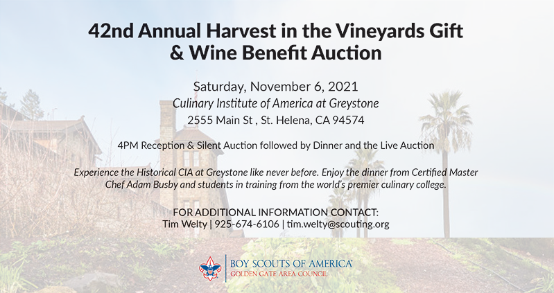 Harvest in the Vineyard promotional graphic with building in background and informational text in the foreground.