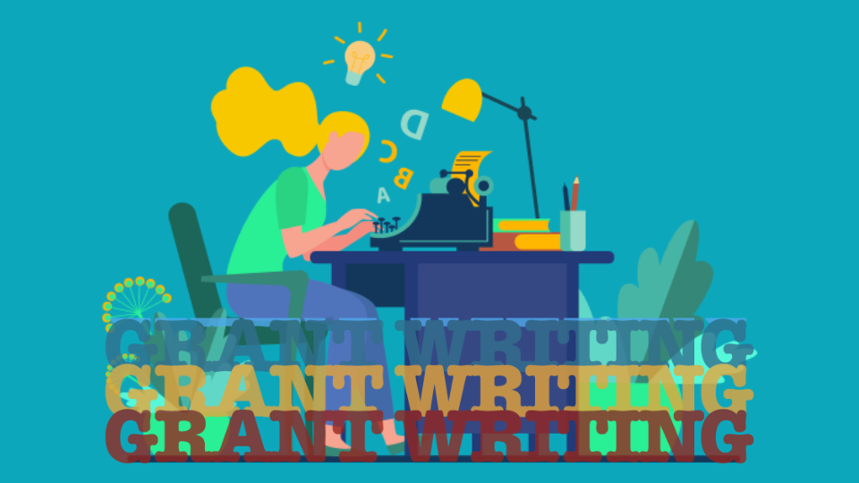 Graphic showing a woman at a desk typing and the phrase Grant Writing repeats three times