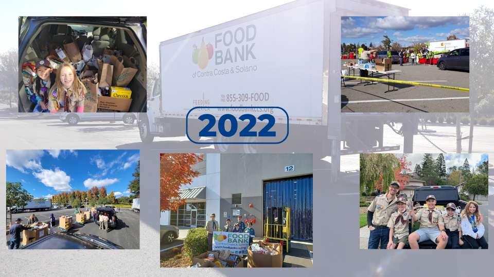 Scouting for Food collage of images with a background of a Food Bank truck